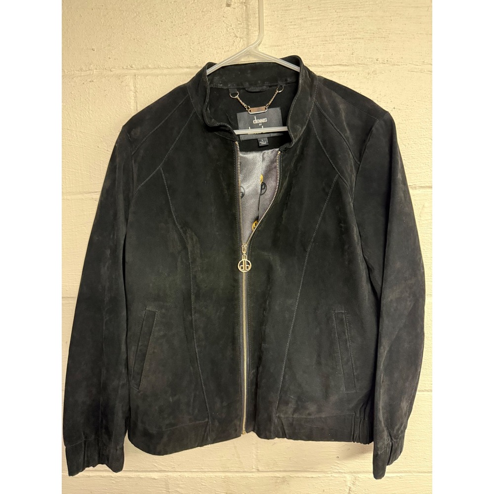 Dennis by Dennis Basso Black Suede Full Zip Bomber Jacket Large Logo Lining